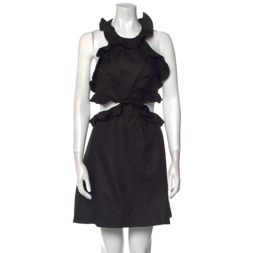 Zimmermann Postcard Linen Ruffled Tie-Back Black Mini Dress, 1/S